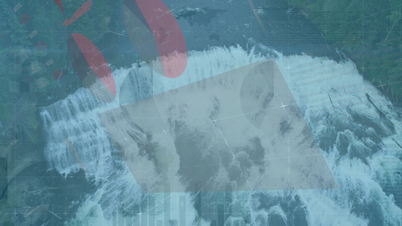 Drone capturing dam spillway pouring water over crest, displaying HUD grids in 3D render