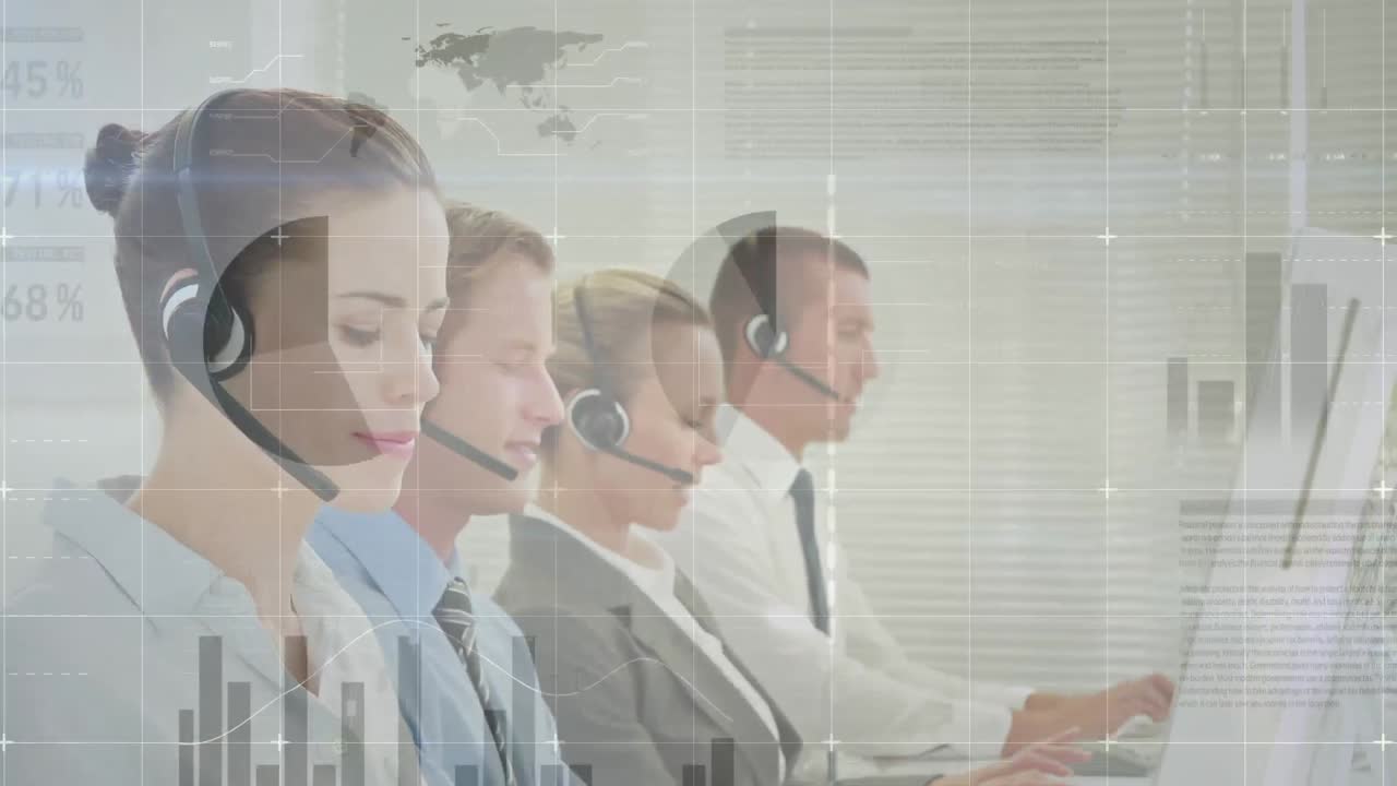 휴대폰 헤드 ⁇ 을 착용한 사업가들에 대한 통계 및 데이터 처리 애니메이션