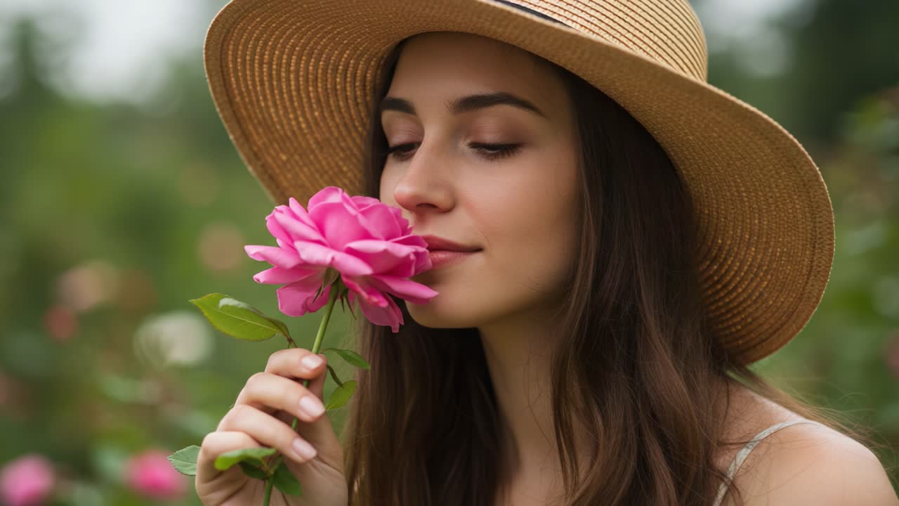 A Serene Moment: A Young Woman in a Straw Hat Gently Smelling a Pink Rose Amidst a Lush Garden, Embracing Nature's Beauty and Tranquility