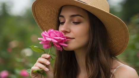 a serene moment: a young woman in a straw hat gently smelling a pink rose amidst a lush garden, embracing nature's beauty and tranquility
