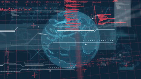 digital interface with data processing over spinning globe and data processing on blue background