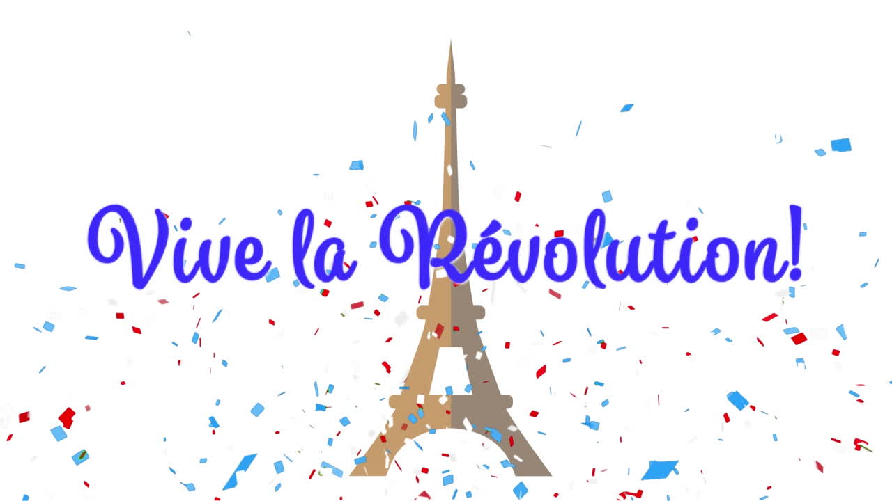 Animation of vive la revolution text with eiffel tower and confetti on white background