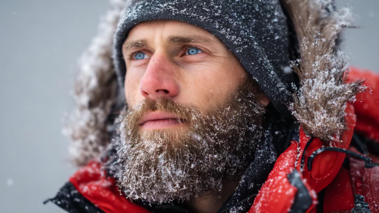 Un individuo determinato che sopporta le rigide condizioni atmosferiche invernali, mostrando resilienza e forza sullo sfondo di turbinii di fiocchi di neve in un ambiente ghiacciato.