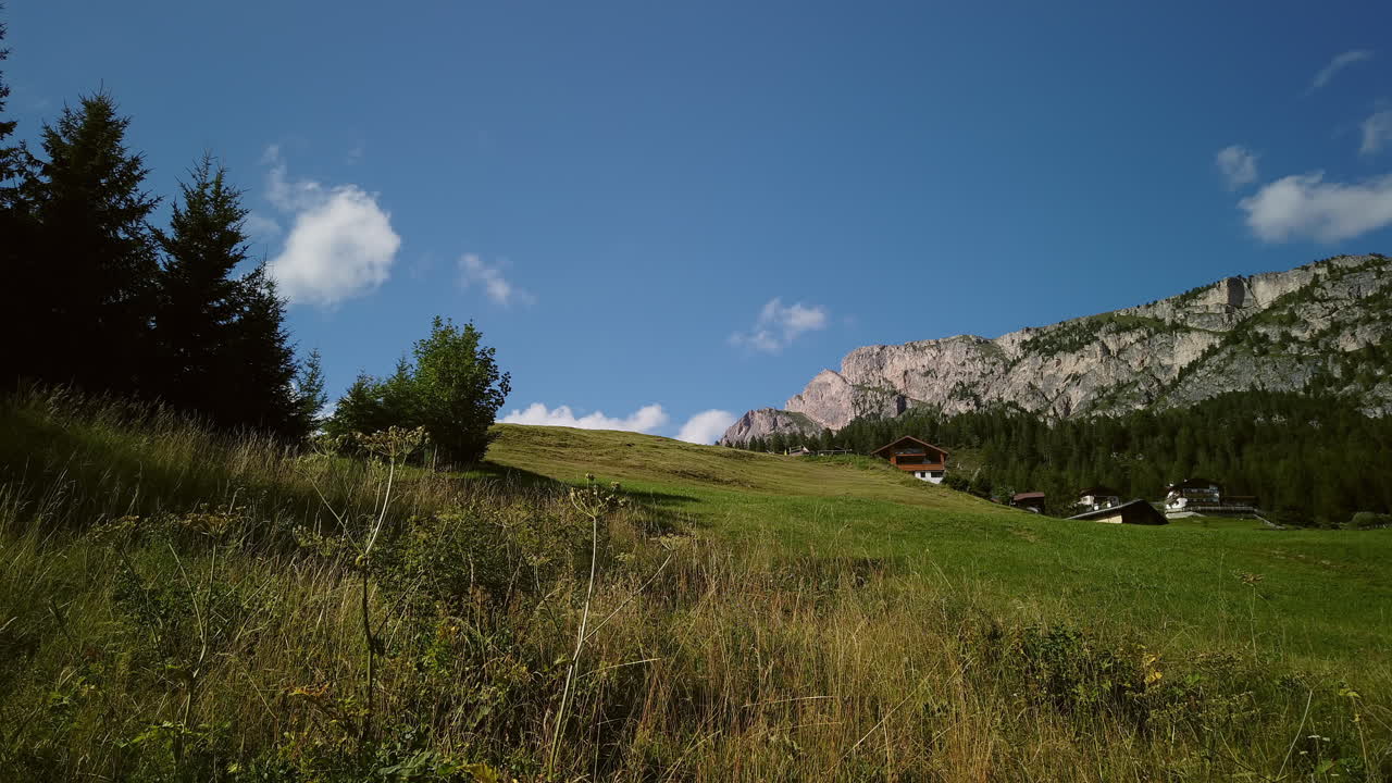 Nuvole che sfrecciano nel cielo, formandosi e dissolvendosi, turbinando sopra un prato verde nelle Alpi italiane.
