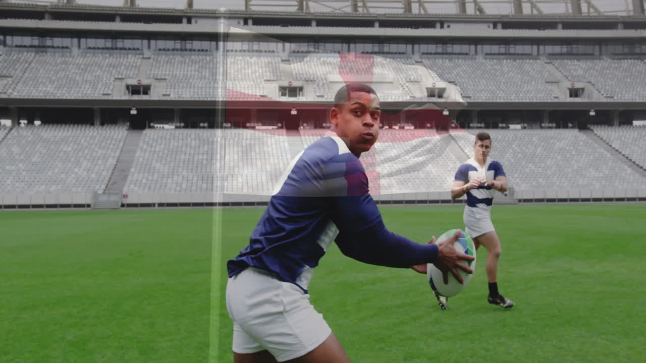 On field, rugby players in action with animation of flag overlaying