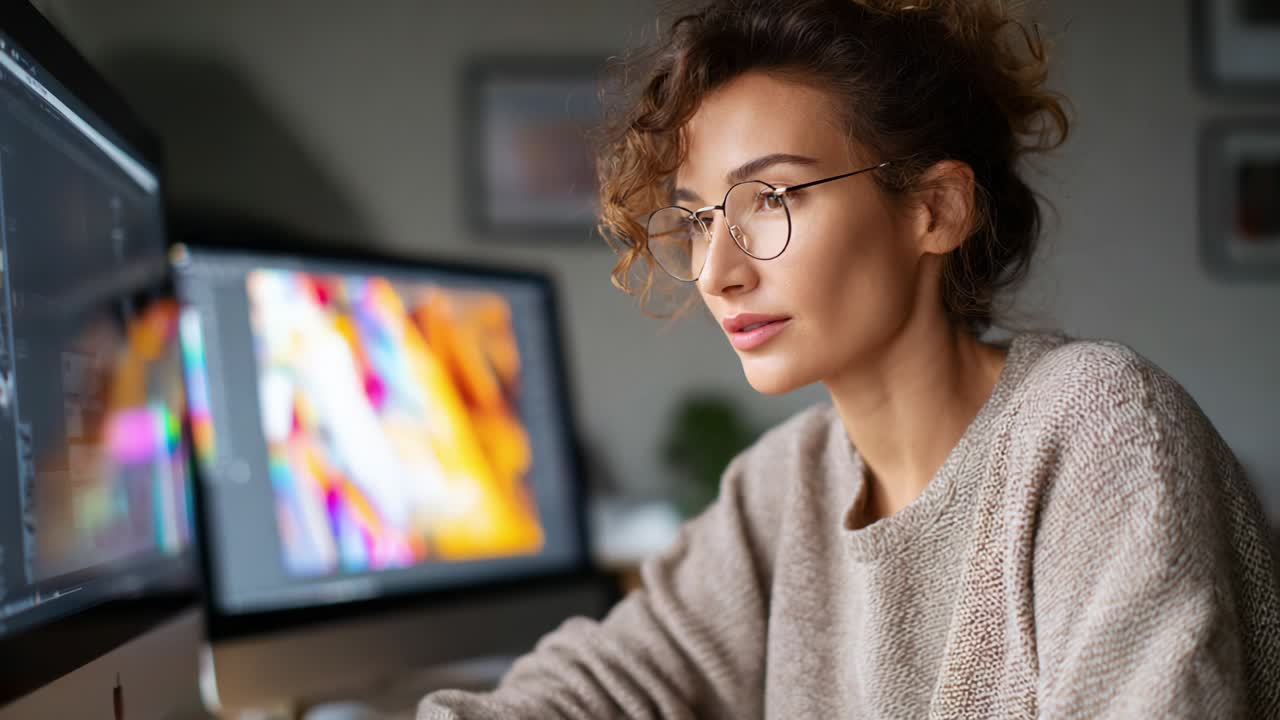 A focused young woman wearing glasses, deeply engaged in creative work at her desk surrounded by vibrant, colorful computer screens displaying a variety of digital art and design projects