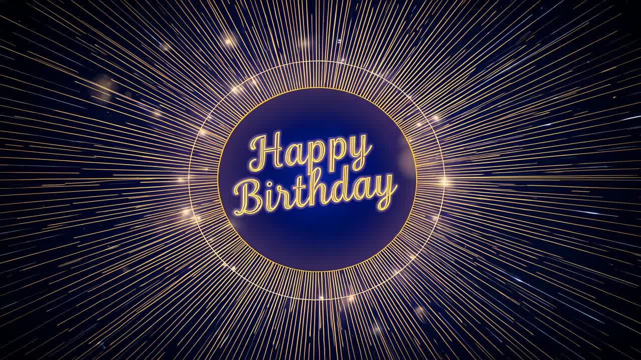 Animation starting, badge bearing Happy Birthday on ecard, causing gold ring glow, sparkles moving
