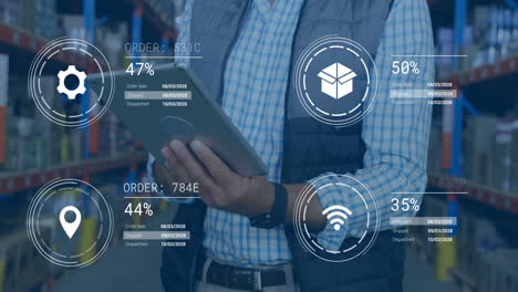 Using tablet with digital order tracking, warehouse worker managing inventory