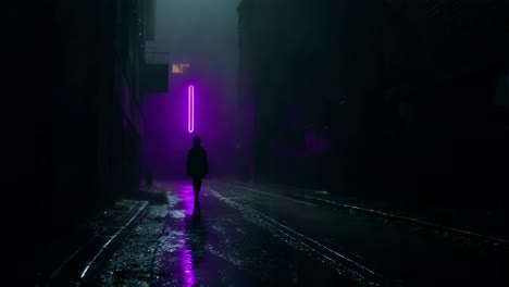 a person walks down a gloomy alley at night