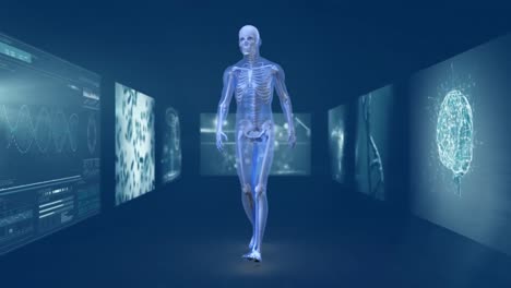 animation of walking 3d man and rotating with scientist screen