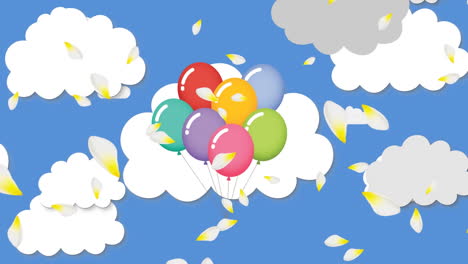 white petals moving against bunch of balloons in blue sky