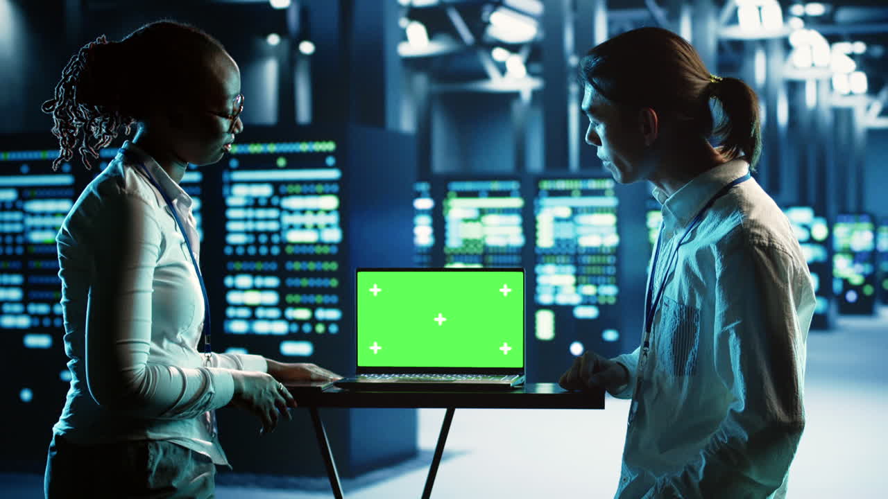 Colleagues use chroma key laptop for AI