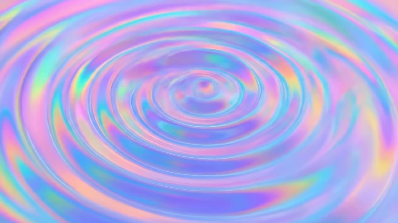 パステルカラーの波紋が水面に広がる様子を捉えた、癒やし効果のある抽象的なスタイルのトップダウン動画