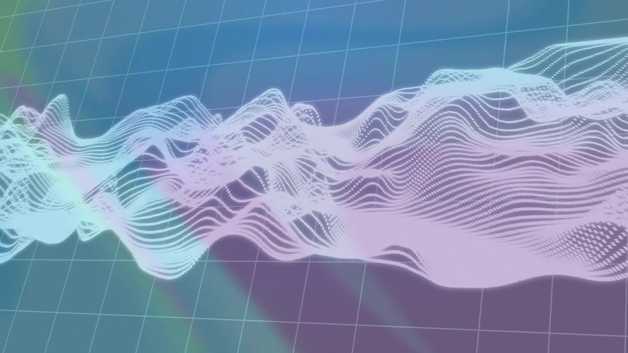 3D pastel digital waveform mesh flowing over muted grid background featuring dotted lines