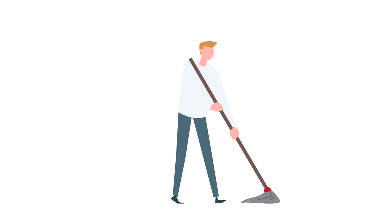 animación de personajes de dibujos animados de hombre colorido. hombre lava la situación de limpieza del piso