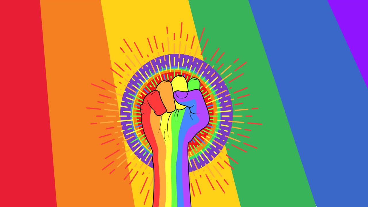 animación del puño del arco iris en un fondo colorido