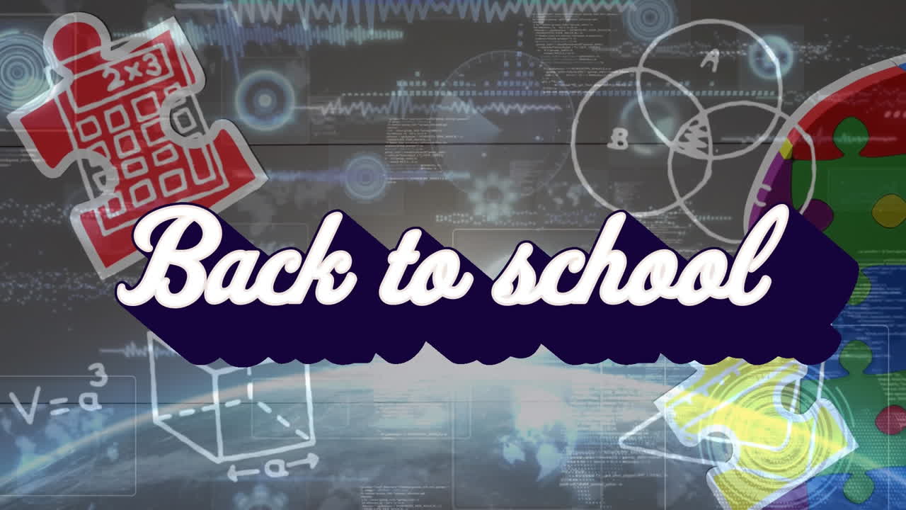 학교 아이콘과 퍼즐 위에 학교로 돌아가는 텍스트의 애니메이션