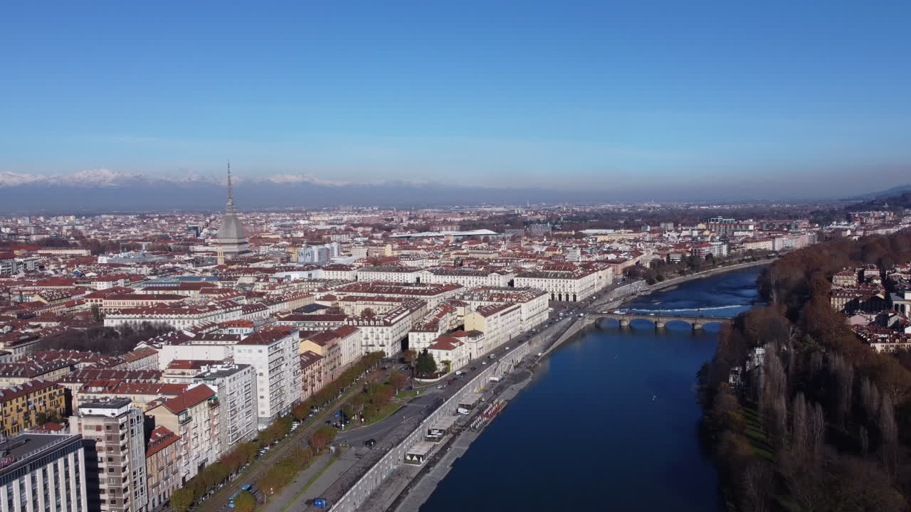 Turin City and Po River in Sunny Northern Italy - Aerial Dolly Out