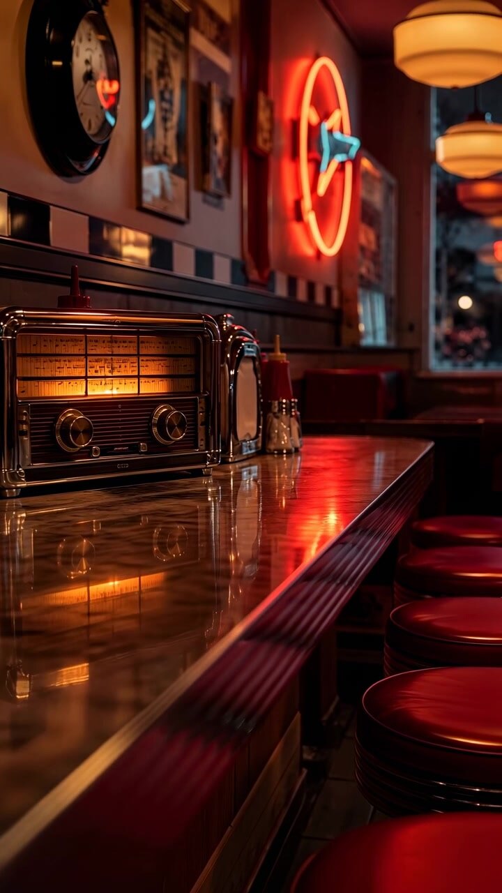 Interno di un bar, scena statica senza azione visibile, in un interno di bar con insegne al neon e sedie rosse, con insegne al neon, sedie rosse, tavoli in legno, da una prospettiva all'altezza degli occhi