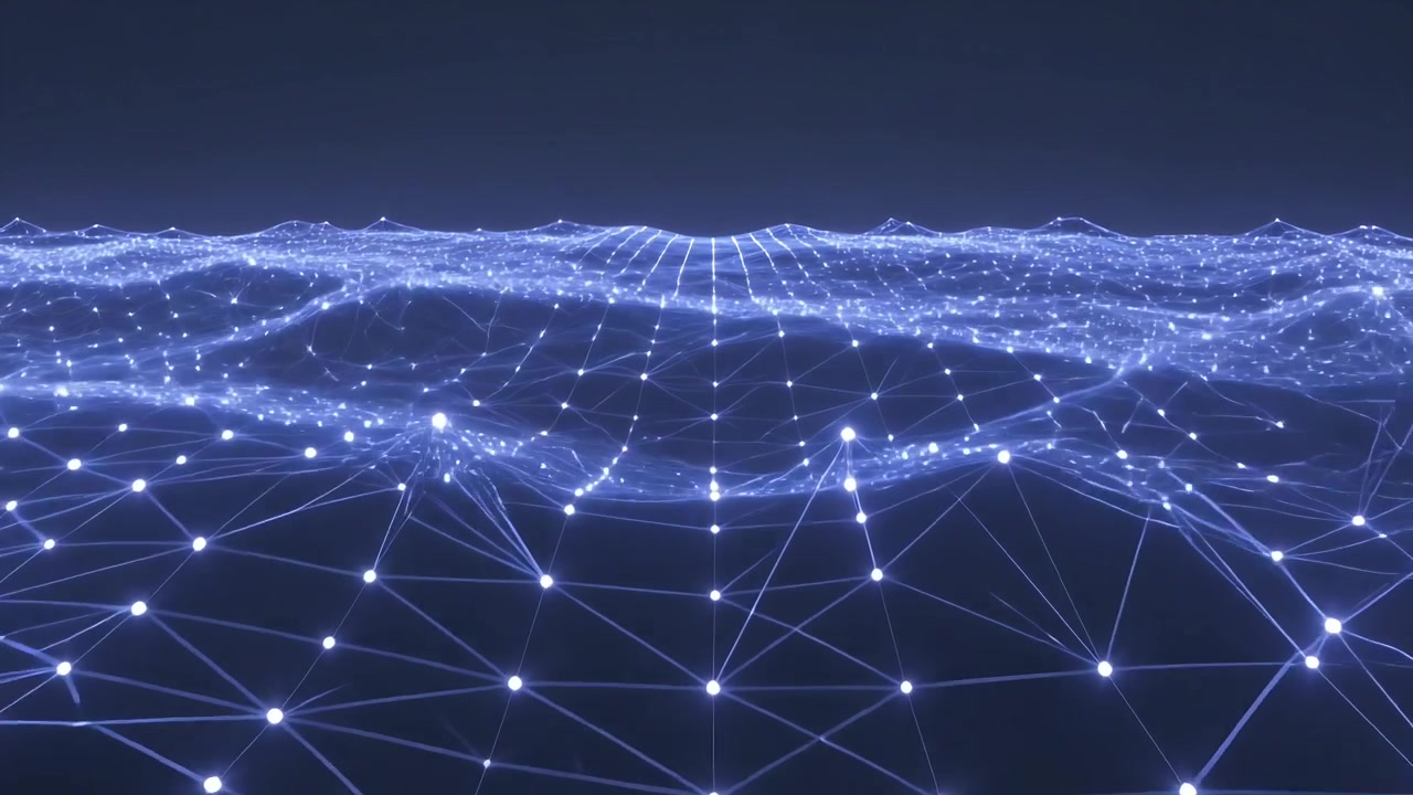 Pulsing luminous mesh rippling toward horizon in dark navy scene, algorithmic pulses lighting nodes