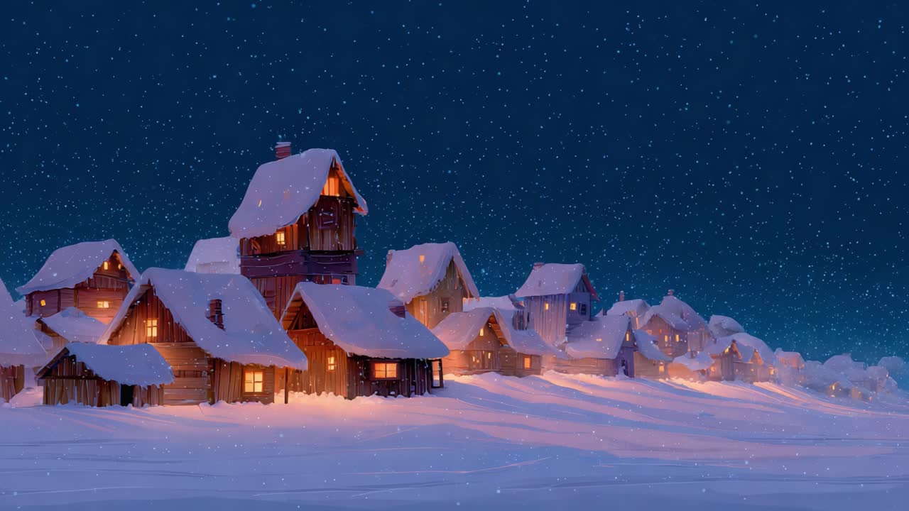 A Tranquil Winter Night: Cozy Snow-Covered Houses Gleaming Under Starry Skies and Soft Snowfall in a Peaceful Village Setting