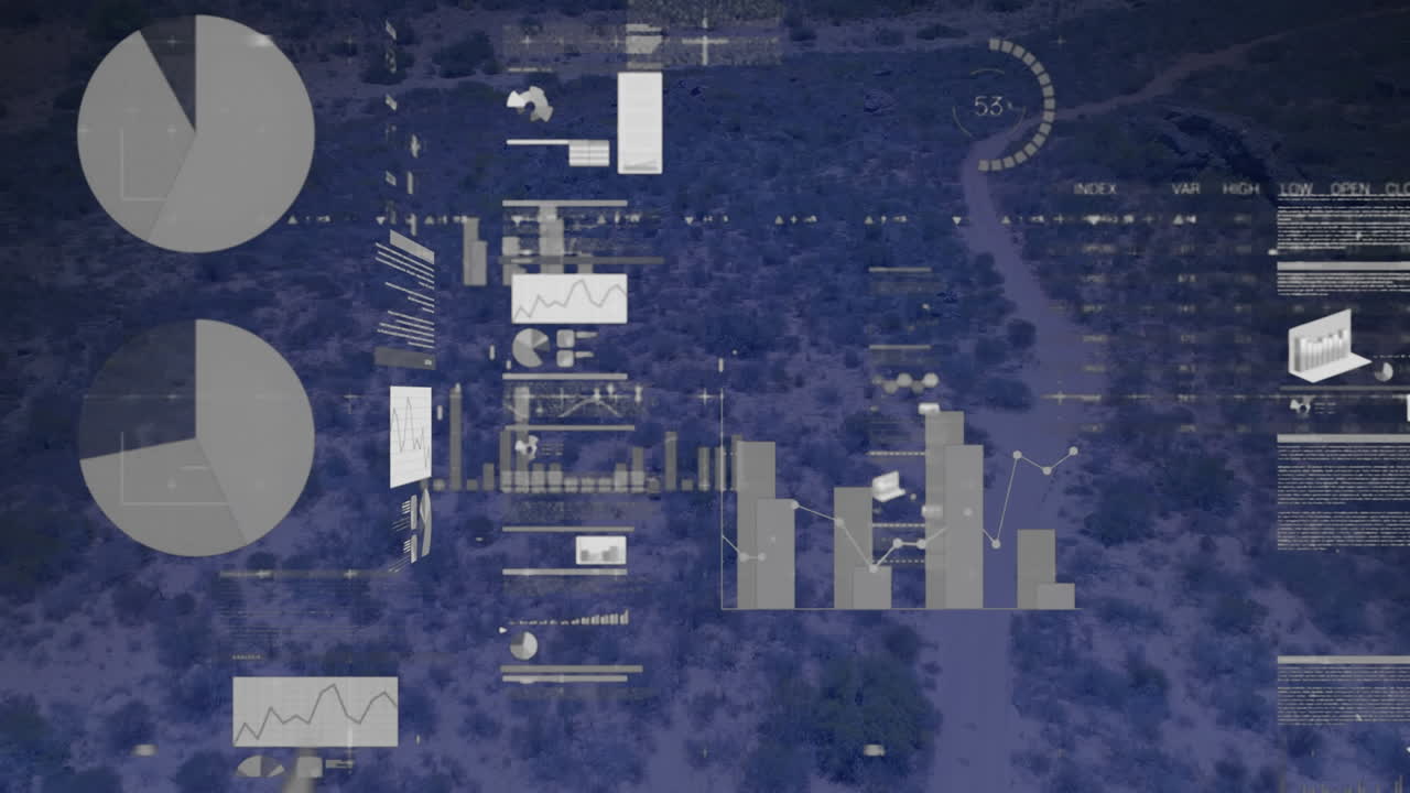 animación del procesamiento de datos financieros sobre el paisaje