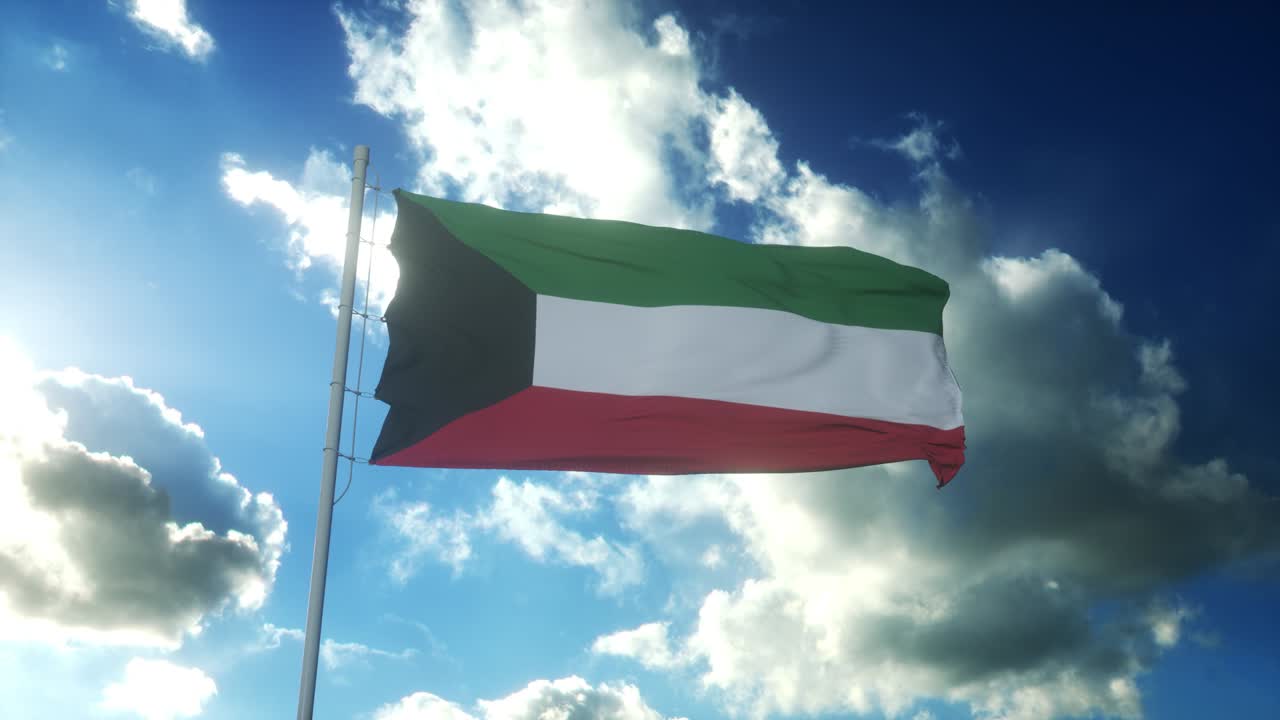 la bandera de kuwait ondeando en el viento contra un hermoso cielo azul