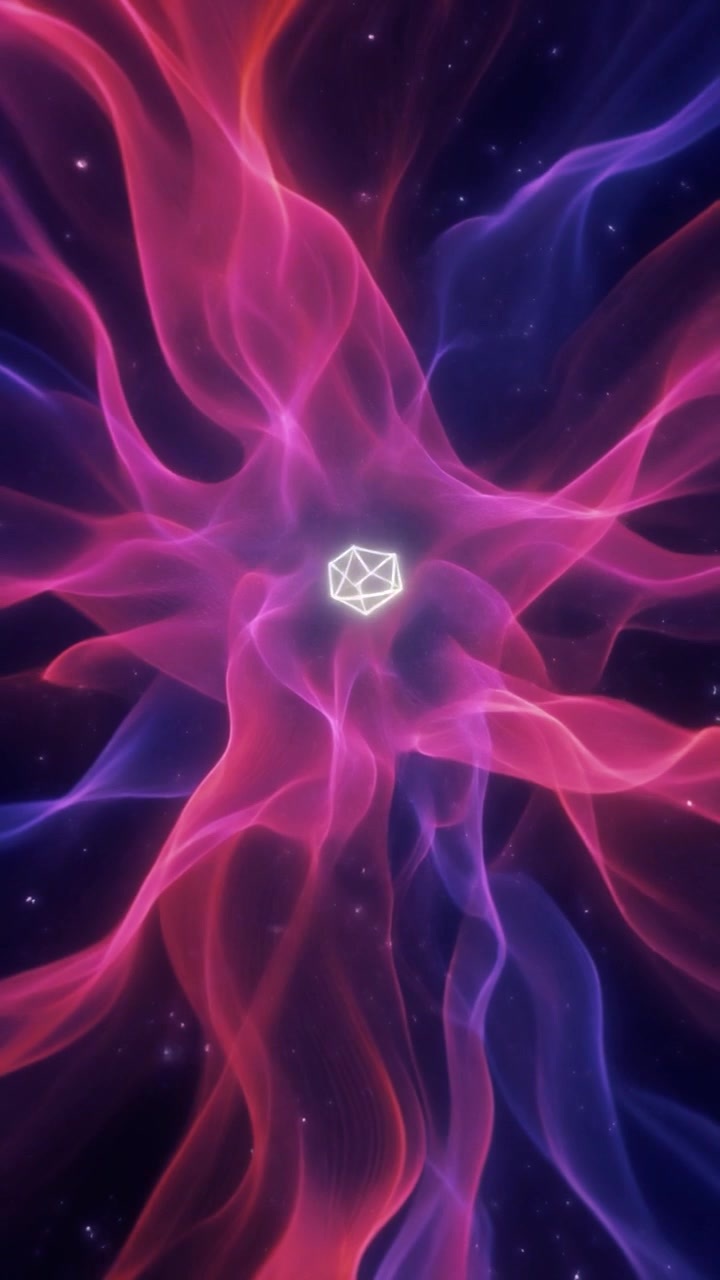 Forma geometrica luminosa che fluttua tra onde di energia astratte rosa e blu