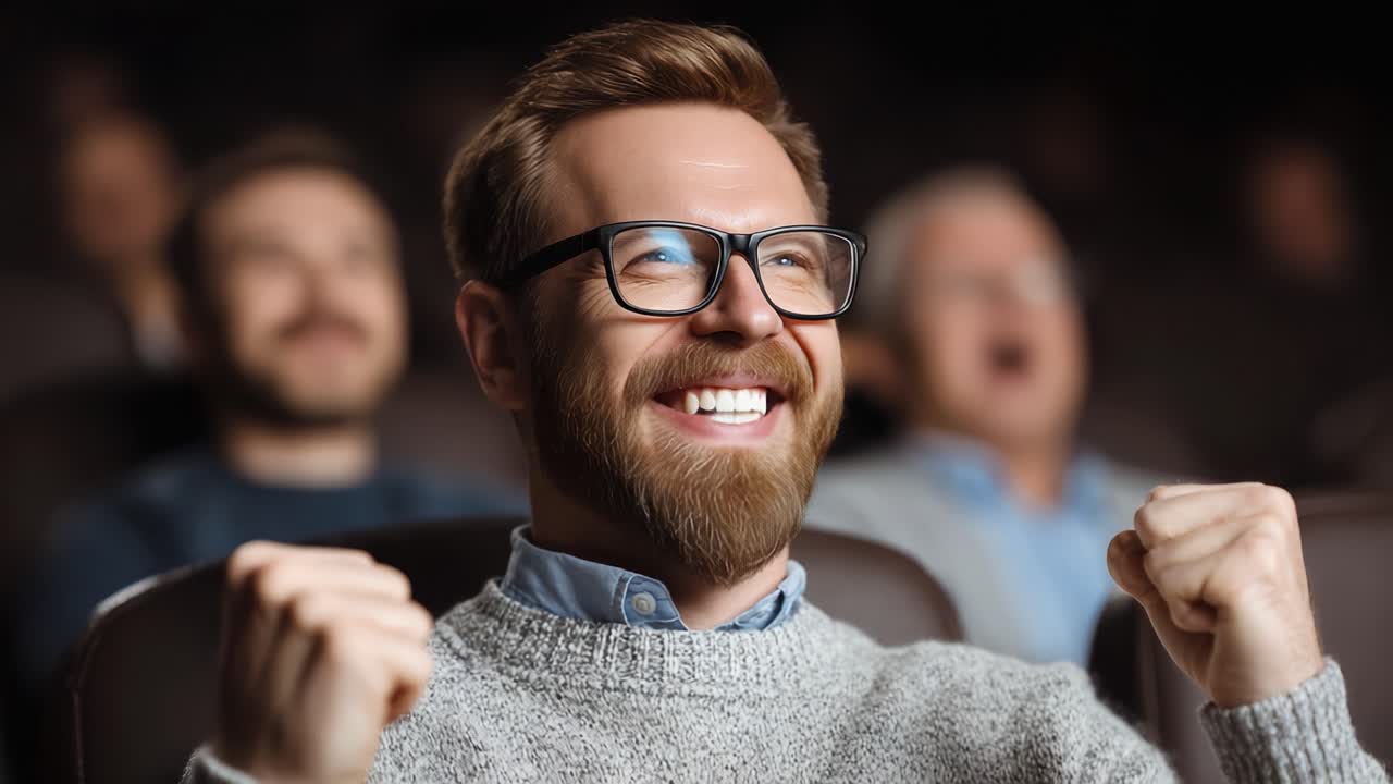 An Enthusiastic Audience Member Celebrates a Joyous Moment in the Theater, Showcasing Excitement and Engagement with the Performance Onscreen
