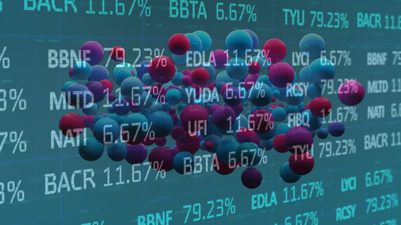 Animation of pink and blue baubles over stock market data on green background
