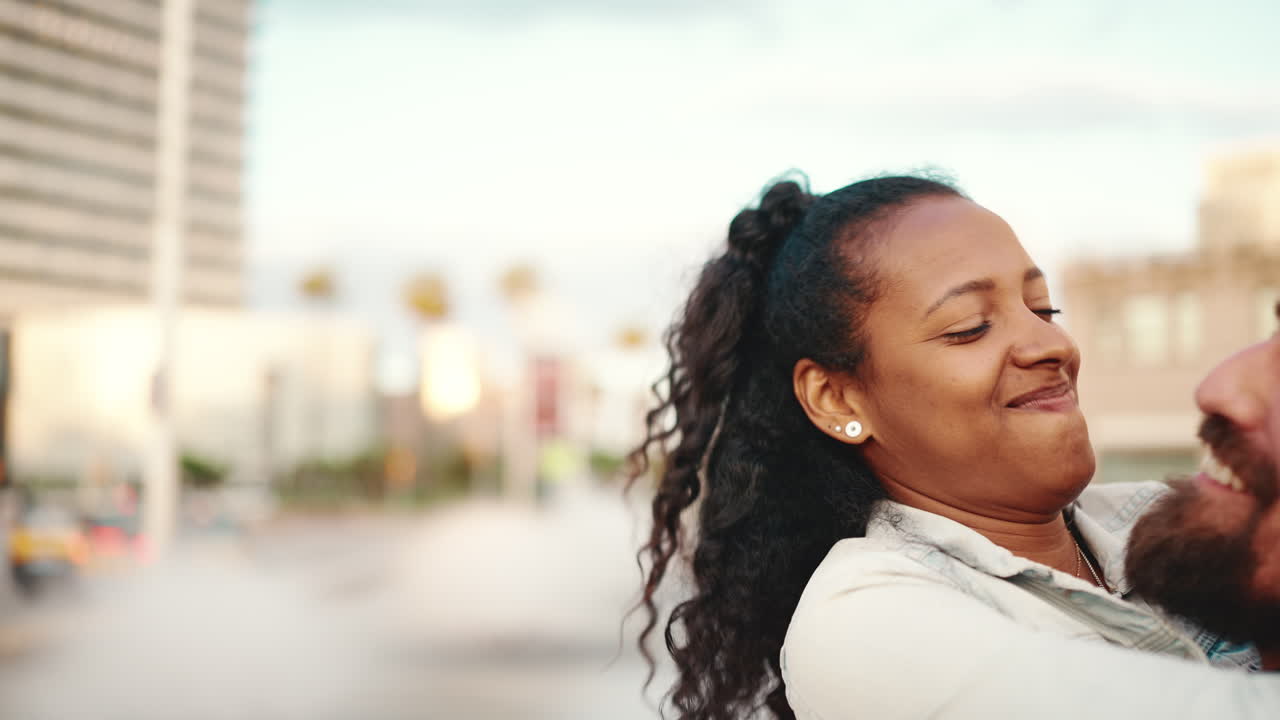 Interracial couple in love sharing a romantic moment in the city