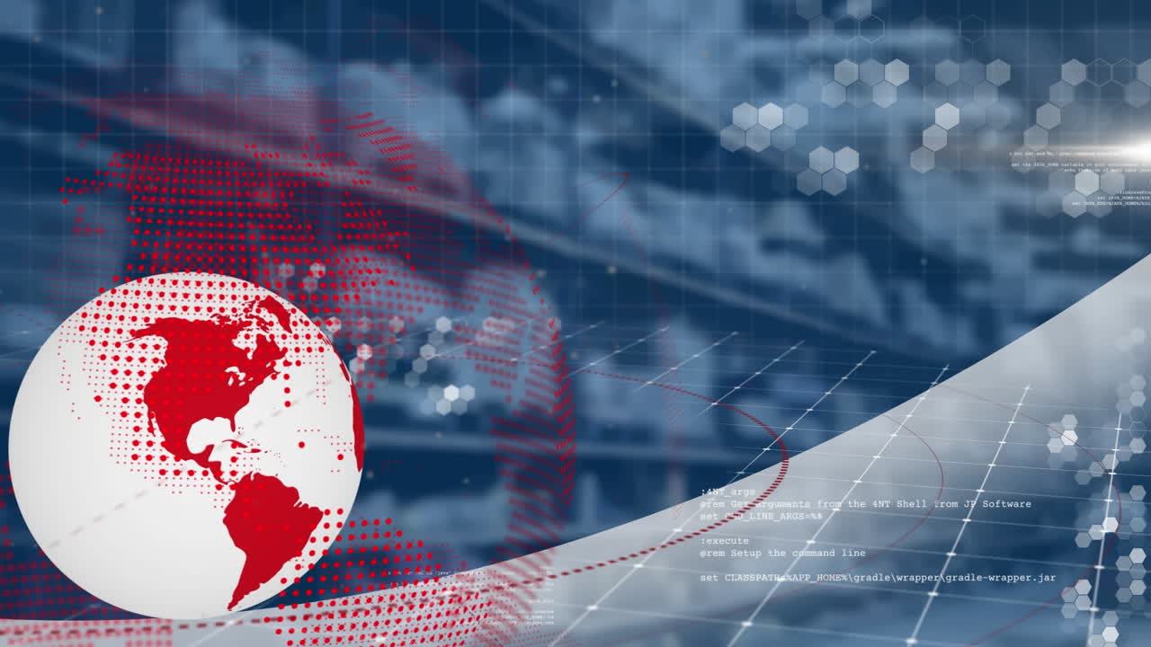 Spinning globe and data processing against warehouse in background