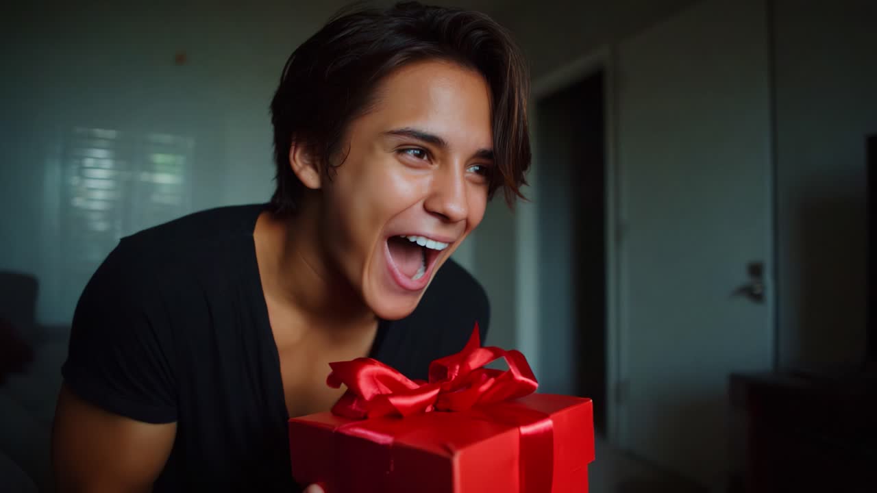 Joyful Surprise: A Young Person's Delightful Reaction to Receiving a Beautifully Wrapped Gift with a Red Bow, Captured in Two Frames Celebrating Happiness and Anticipation