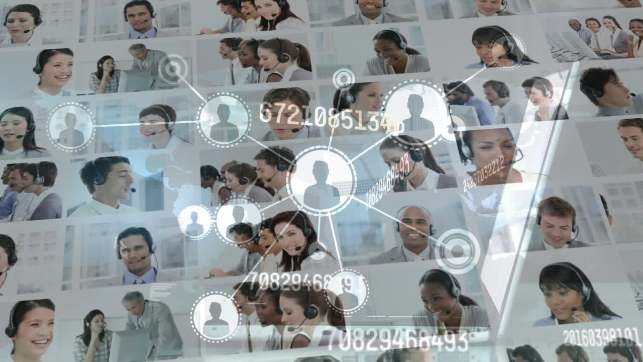 animación de redes de conexiones con iconos sobre personas de negocios que usan auriculares telefónicos