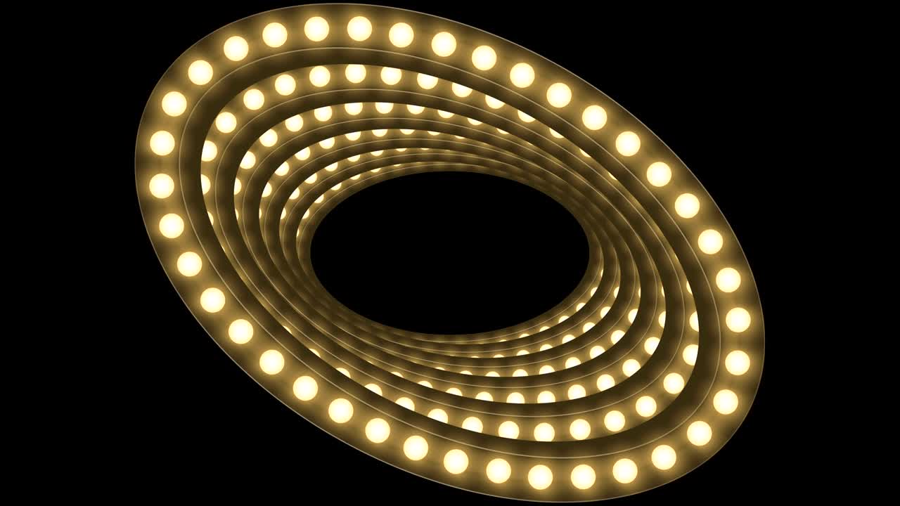 터널 불빛 전구 상자 프레임 타원 모양 회전 움직이는 패턴, 레트로 3d 가상 스타일 일러스트레이션 어두운 배경에서 빛나는 원활한 루핑 애니메이션 4k, 복사 공간