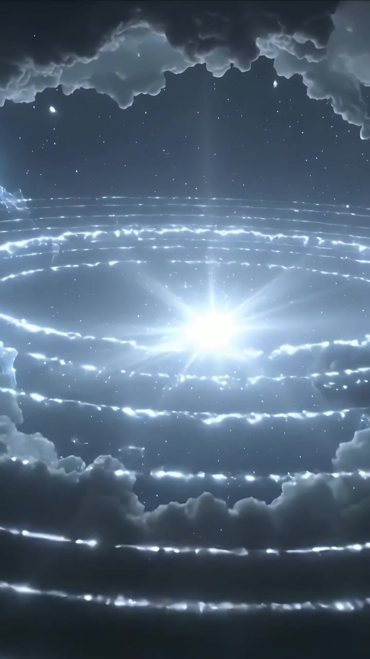Vertical video: Bursting blue flare forming rings and beam through cloud gap, revealing starfield