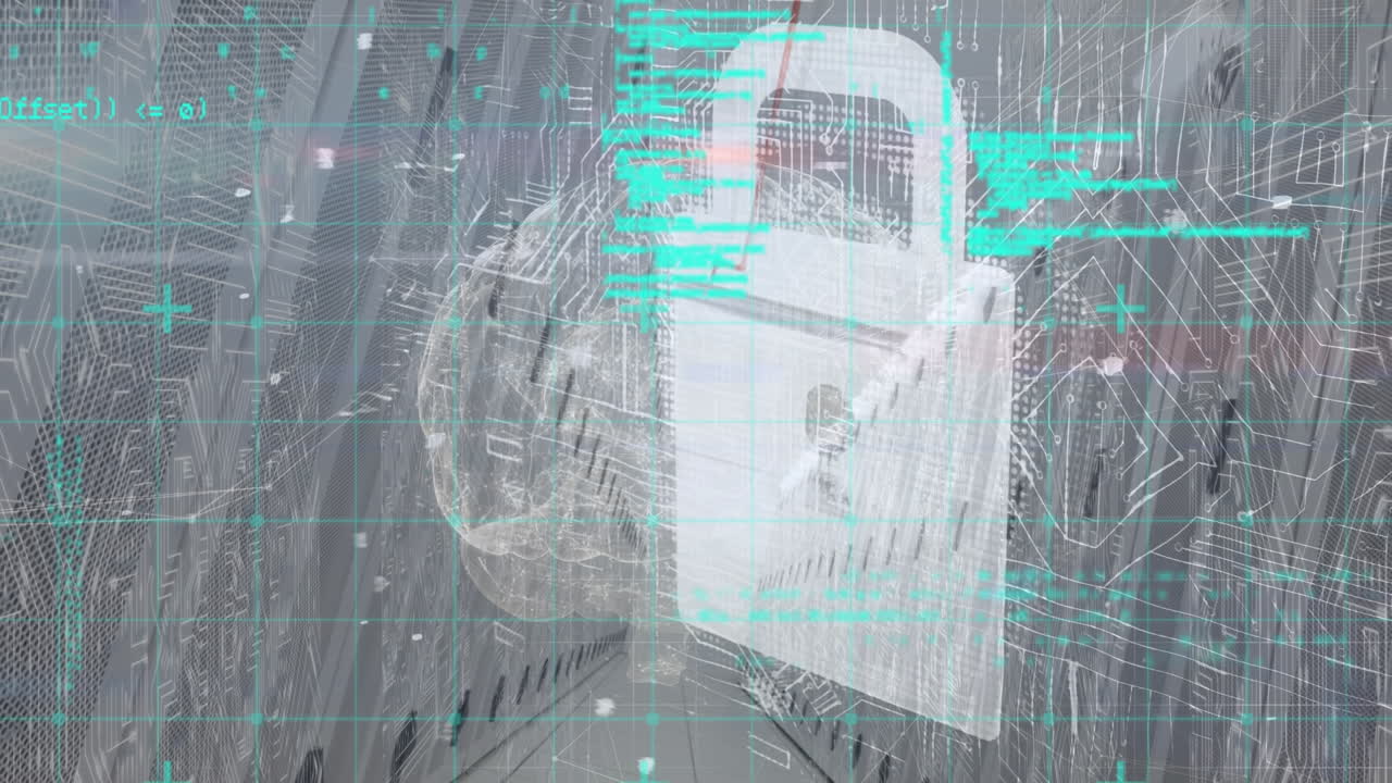 animación del procesamiento de datos y la rotación del cerebro humano contra la sala de servidores de computadora