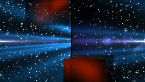 Animation-of-split-screen-showing-blue-spotlight-and-light-beams,-with-glowing-particles,-on-black