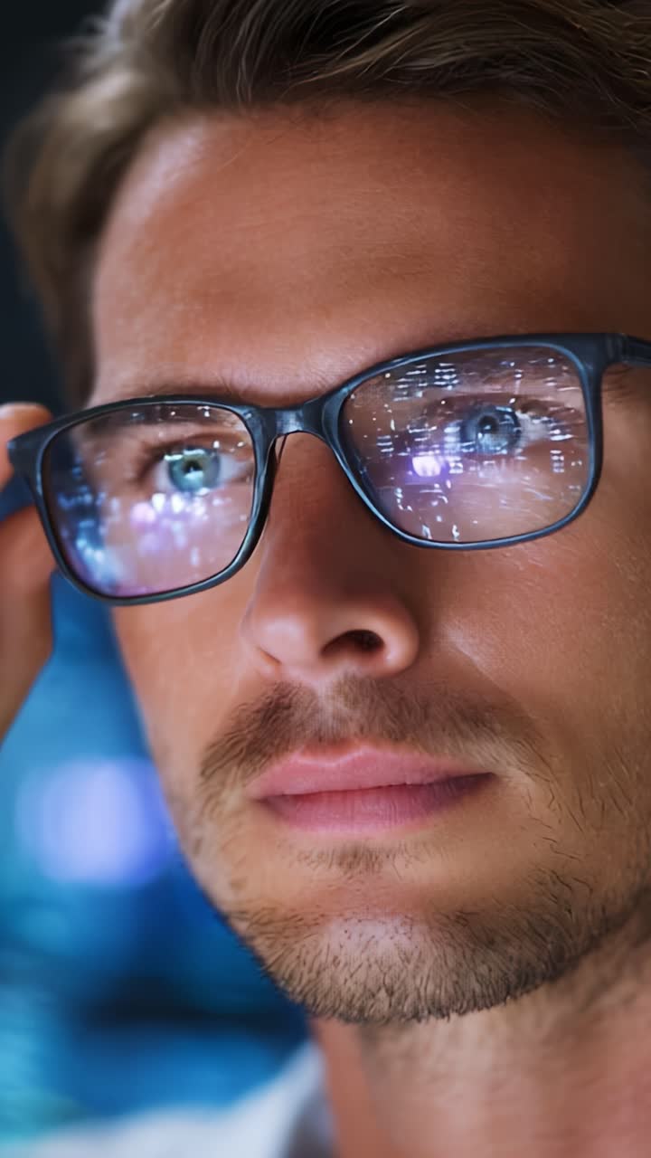 Persona concentrata che guarda informazioni digitali attraverso gli occhiali, immortalando il momento di interazione tecnologica e intensa concentrazione in un ambiente vivace