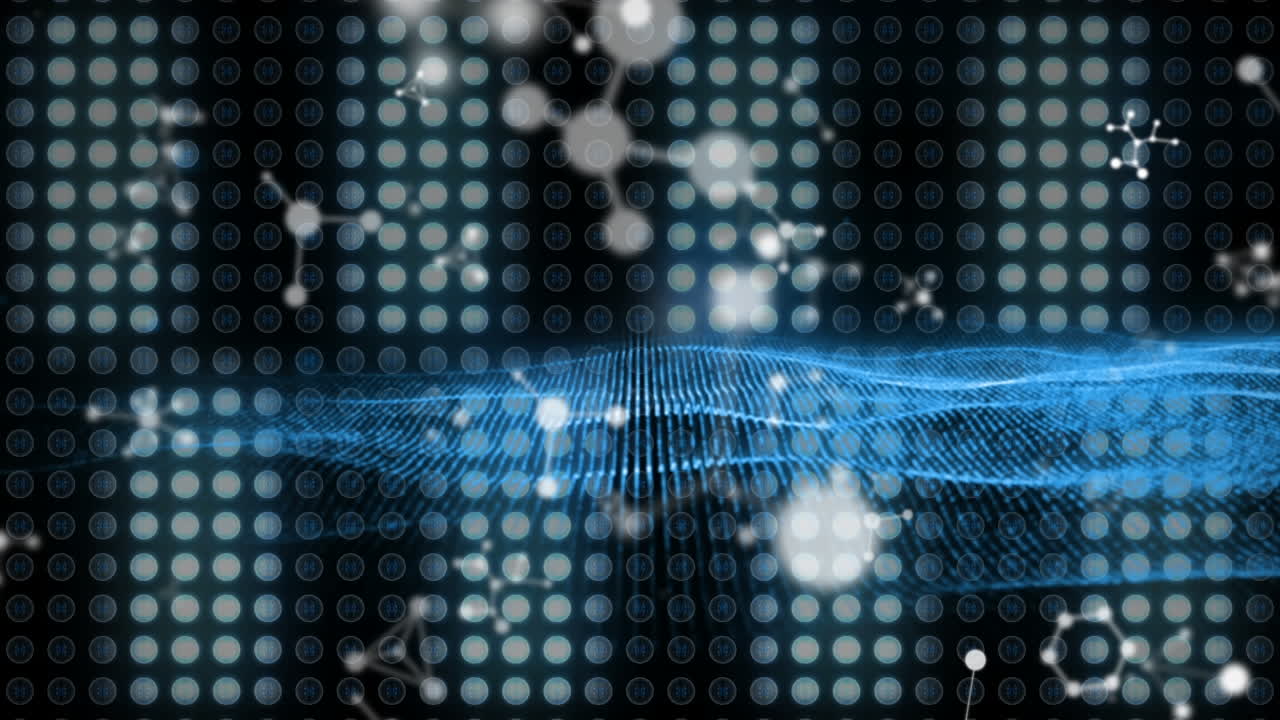 빛으로 검은 배경 위에 움직이는 분자의 애니메이션