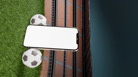 smartphone blank screen mockup in soccer stadium with football balls, 3d vertical render