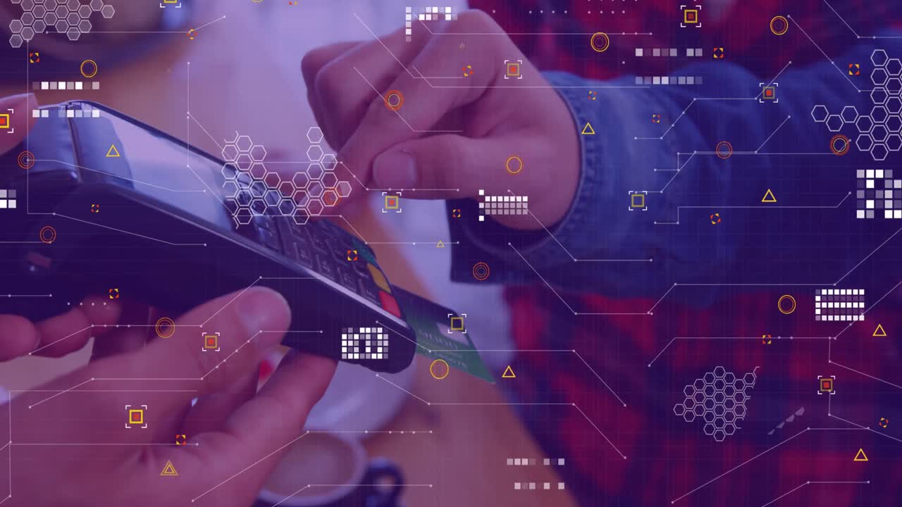 Animation of data processing over diverse people paying with credit card