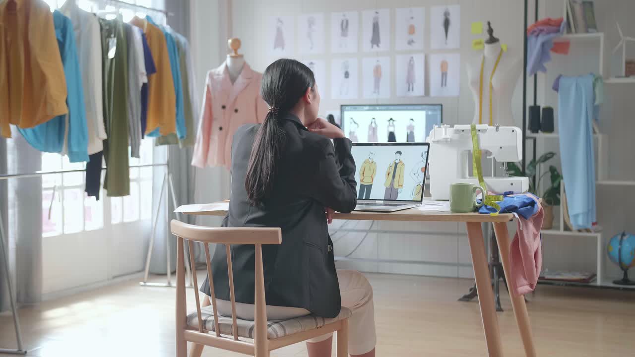 비즈니스 슈트를 입은 아시아 여성 디자이너가 스튜디오에서 노트북으로 옷을 디자인하는 동안 생각하고 있습니다.