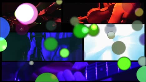 Animation-of-glowing-light-spots-over-screens-and-people-playing-music-on-black-background