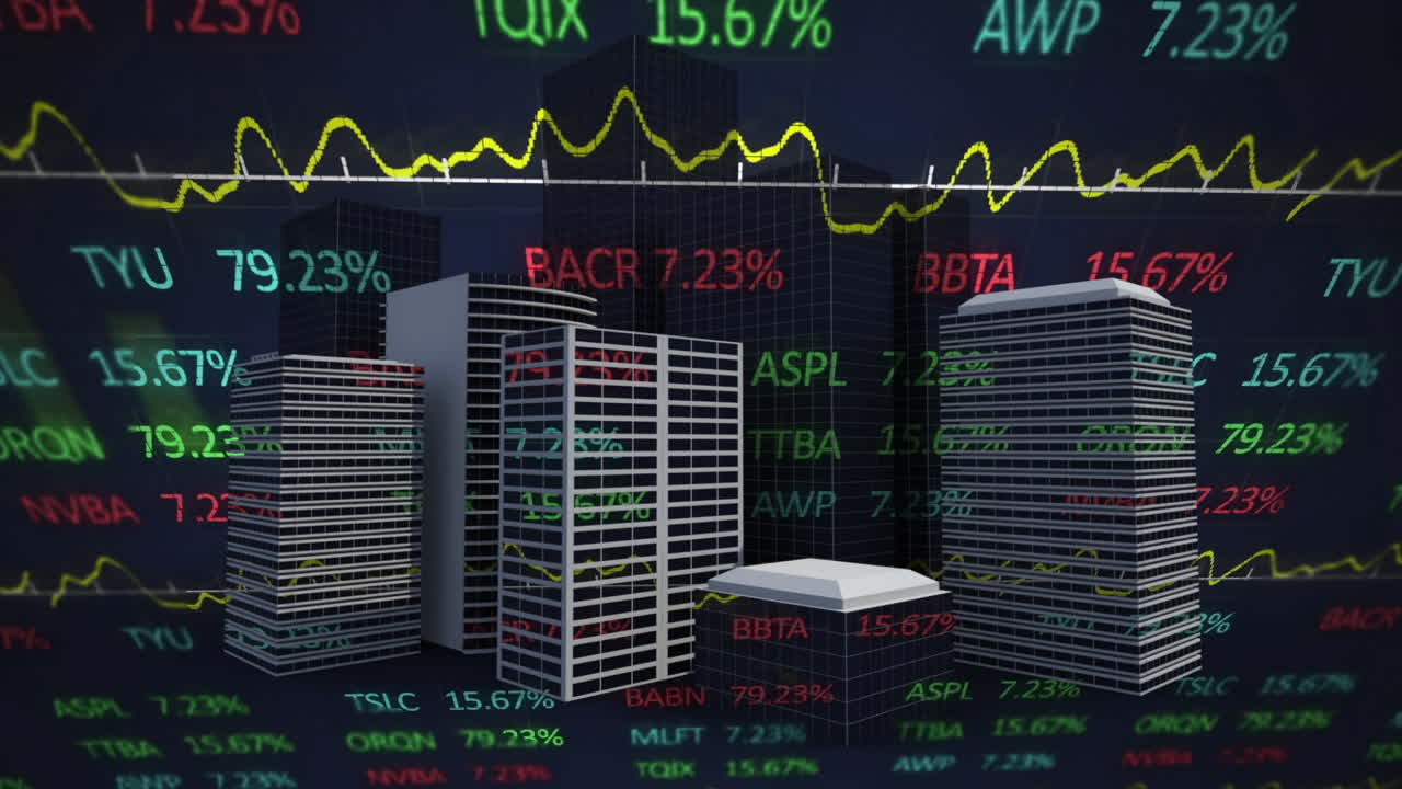 현대 도시를 배경으로 한 주식 시장 디스플레이의 애니메이션