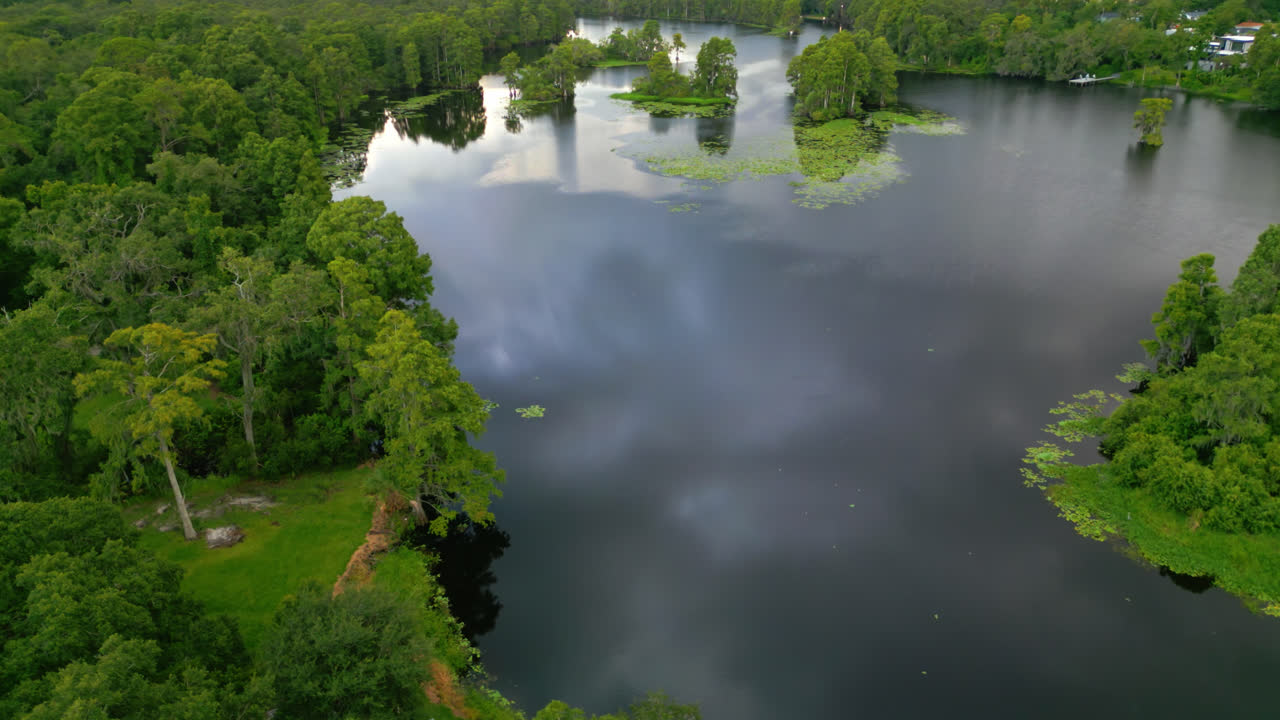 Lush Green Trees Surround The Tampa River In Florida, United States. Aerial Drone Orbiting Shot