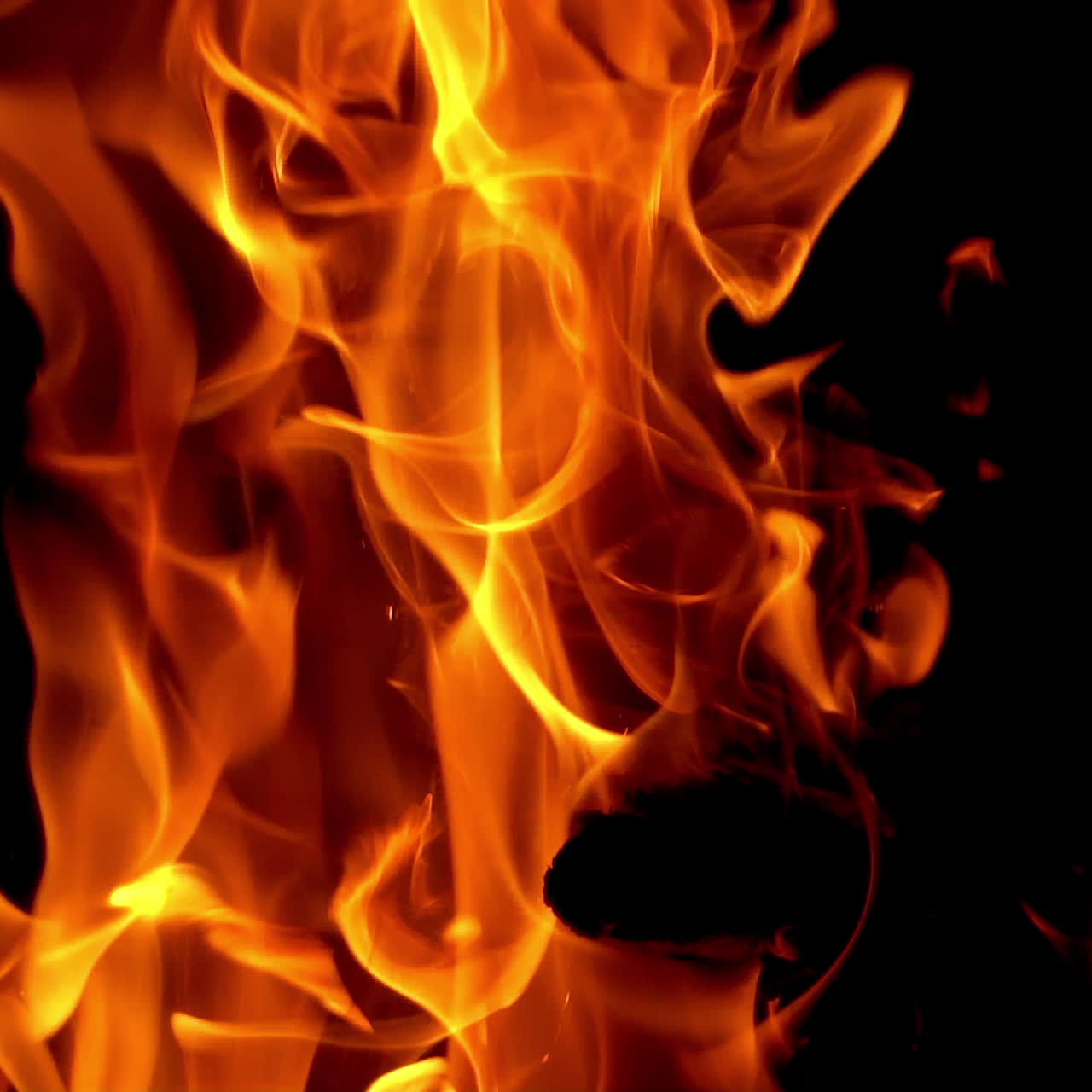 Process of burning wood with a bright flame on black background. Beautiful yellow, orange blaze fire texture at night. Close-up