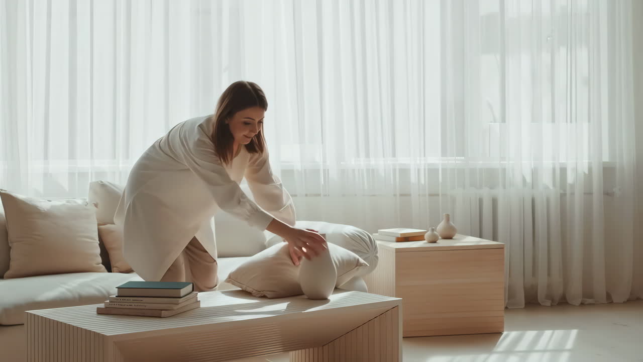 A woman adjusts a pillow on a sofa in a bright, modern living room