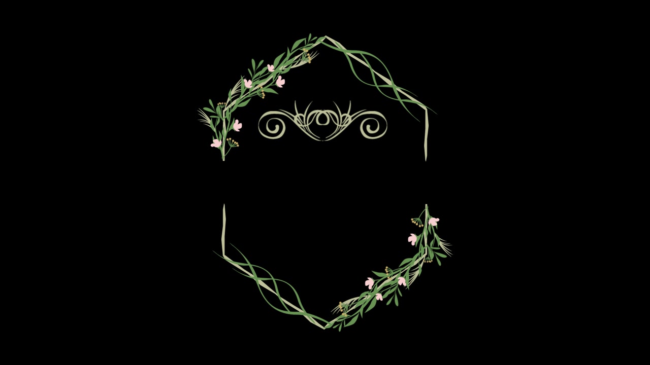 Animierter hexagonaler Blumenrahmen mit wachsenden grünen Blättern und rosa Blüten.