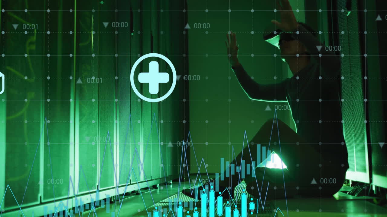 컴퓨터 서버에 의해 vr 헤드을 사용하여 디지털 아이콘과 데이터 처리의 애니메이션